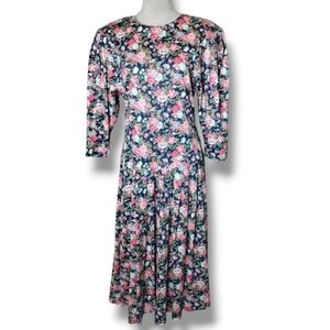 Vintage Brittany Nicole Floral Dress 12 80s Cottagecore Prairie Midi Puff Sleeve